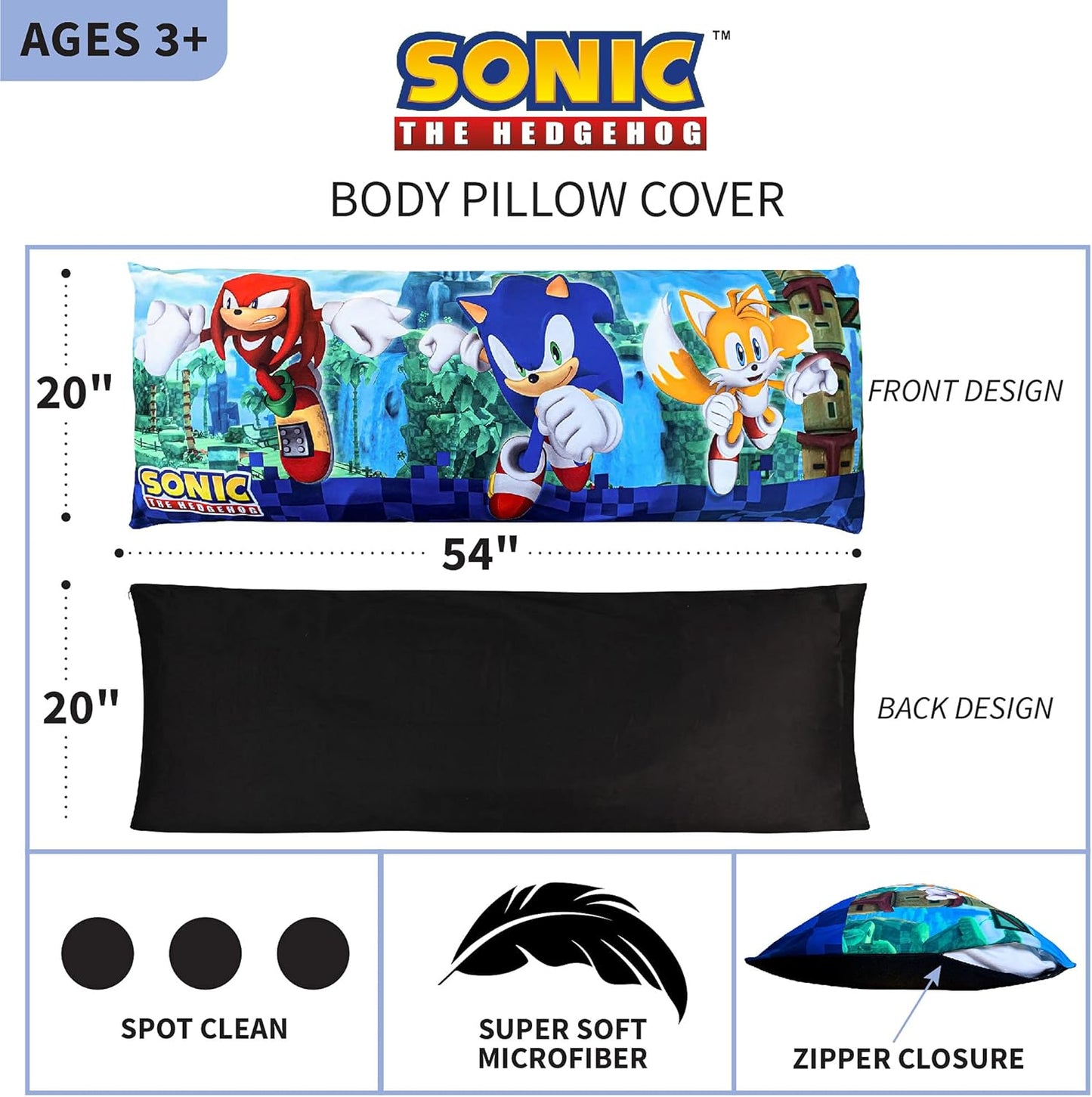 Sonic The Hedgehog Bedding Super Soft Microfiber Zippered Body Pillow Cover 54 in x 20 in