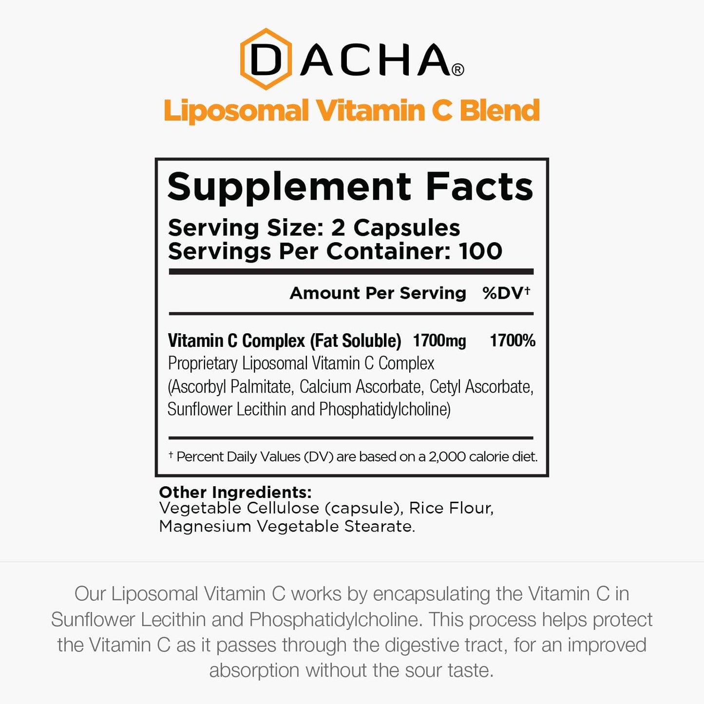 Dacha Natural Liposomal Vitamin C - 1700 mg Max Immune Strength Powerful Antioxidant 200 Capsules