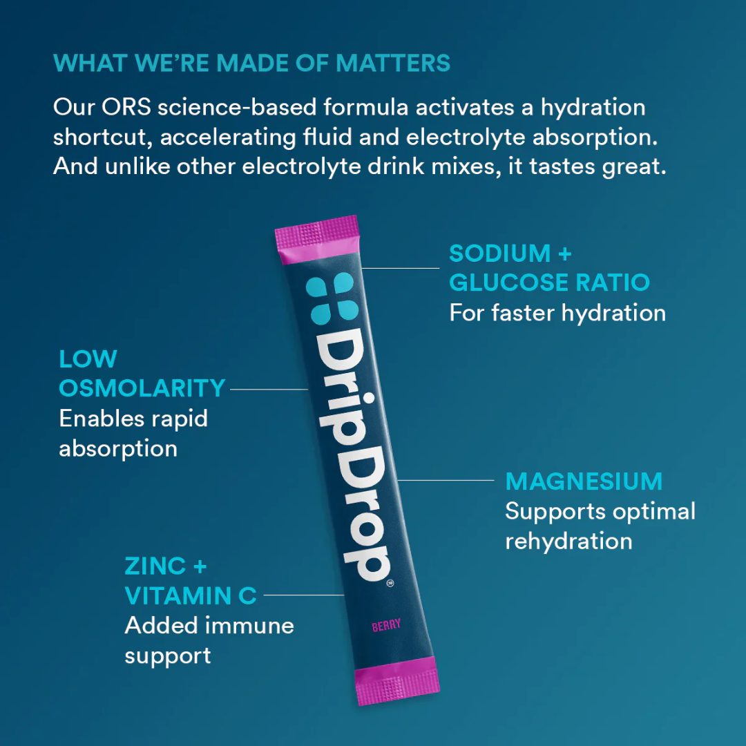 DripDrop Dehydration Relief Fast Electrolyte Powder, 10 g / 0.35 oz (1 Stick)
