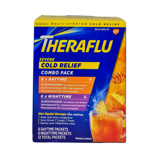 Theraflu Multi-Symptom Severe Cold & Cough Relief Daytime & Nighttime Powder Tea Infusions, Honey Lemon Flavor, 12 Total Packets