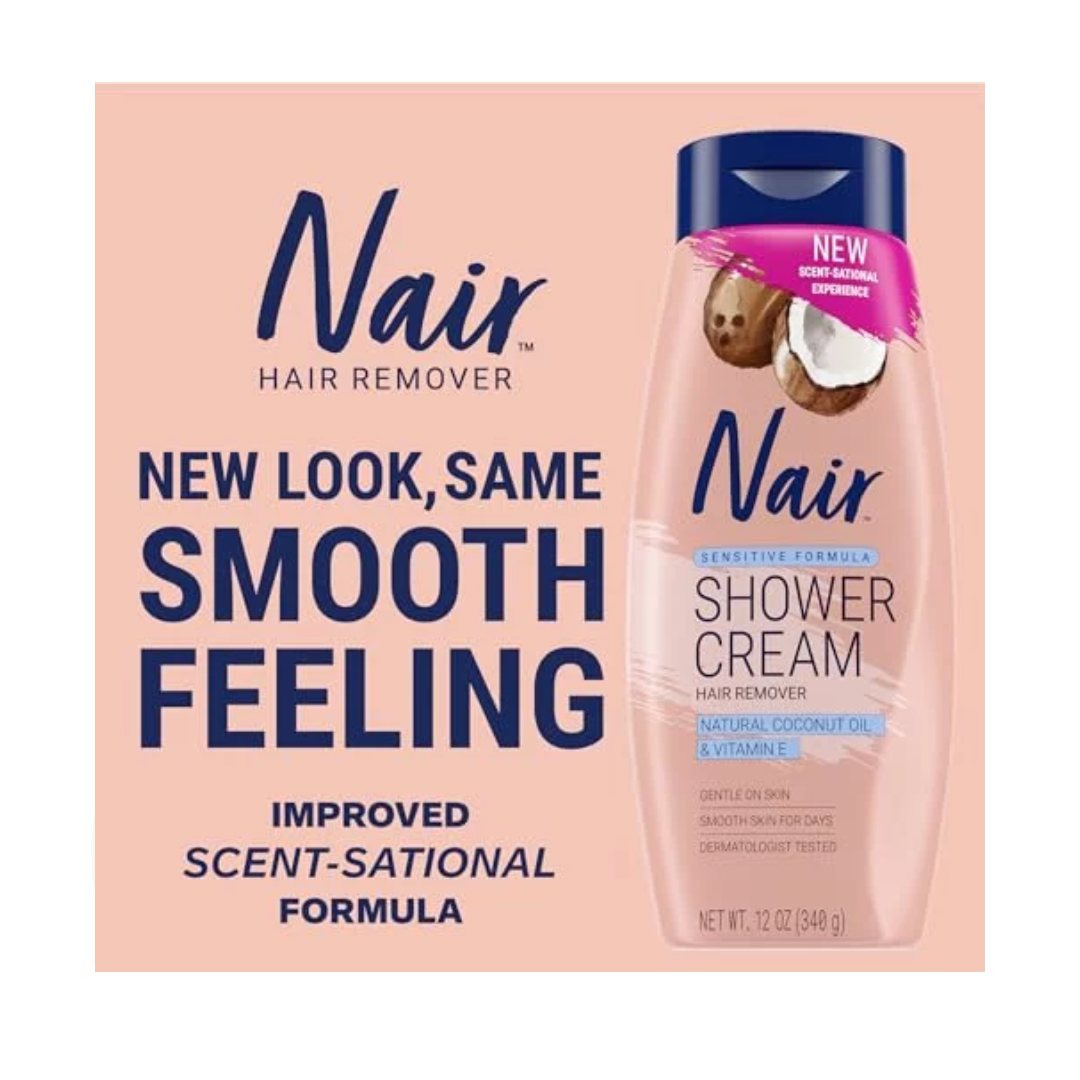 Nair Sensitive Shower Cream Hair Remover With Natural Coconut Oil & Vitamin E, 340 g / 12 oz