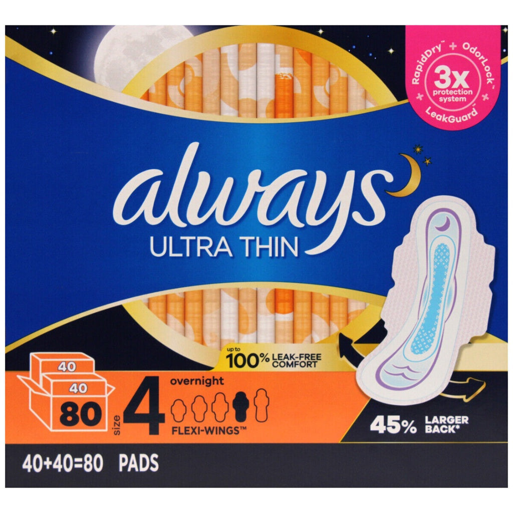 Always Ultra Thin 45% Larger Back Size 4 Overnight Flexi-Wings 80 Pads