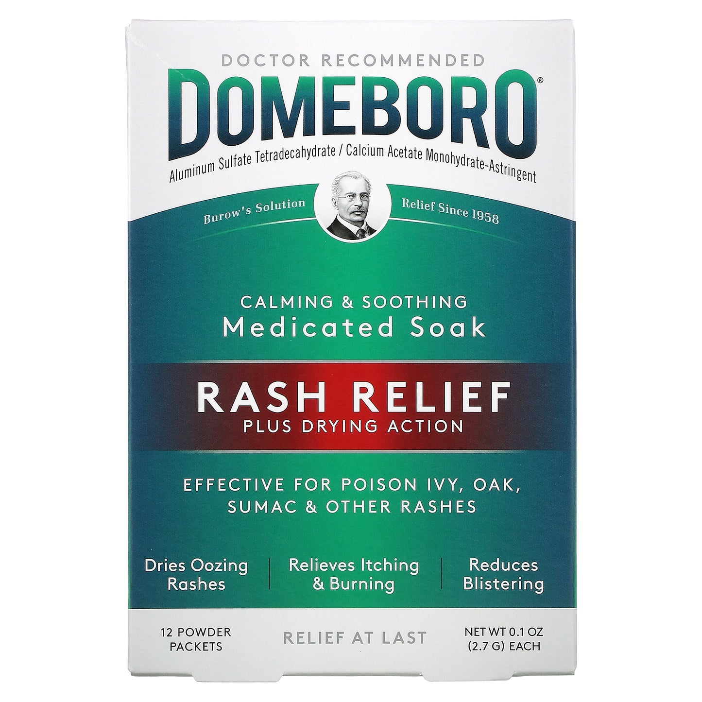 Domeboro Calming & Soothing Medicated Soak Rash Relief Plus Drying Action for Poison Ivy, Oak & Other Rashes, 12 Powder Packets (0.1 oz. / 2.7 g) Each