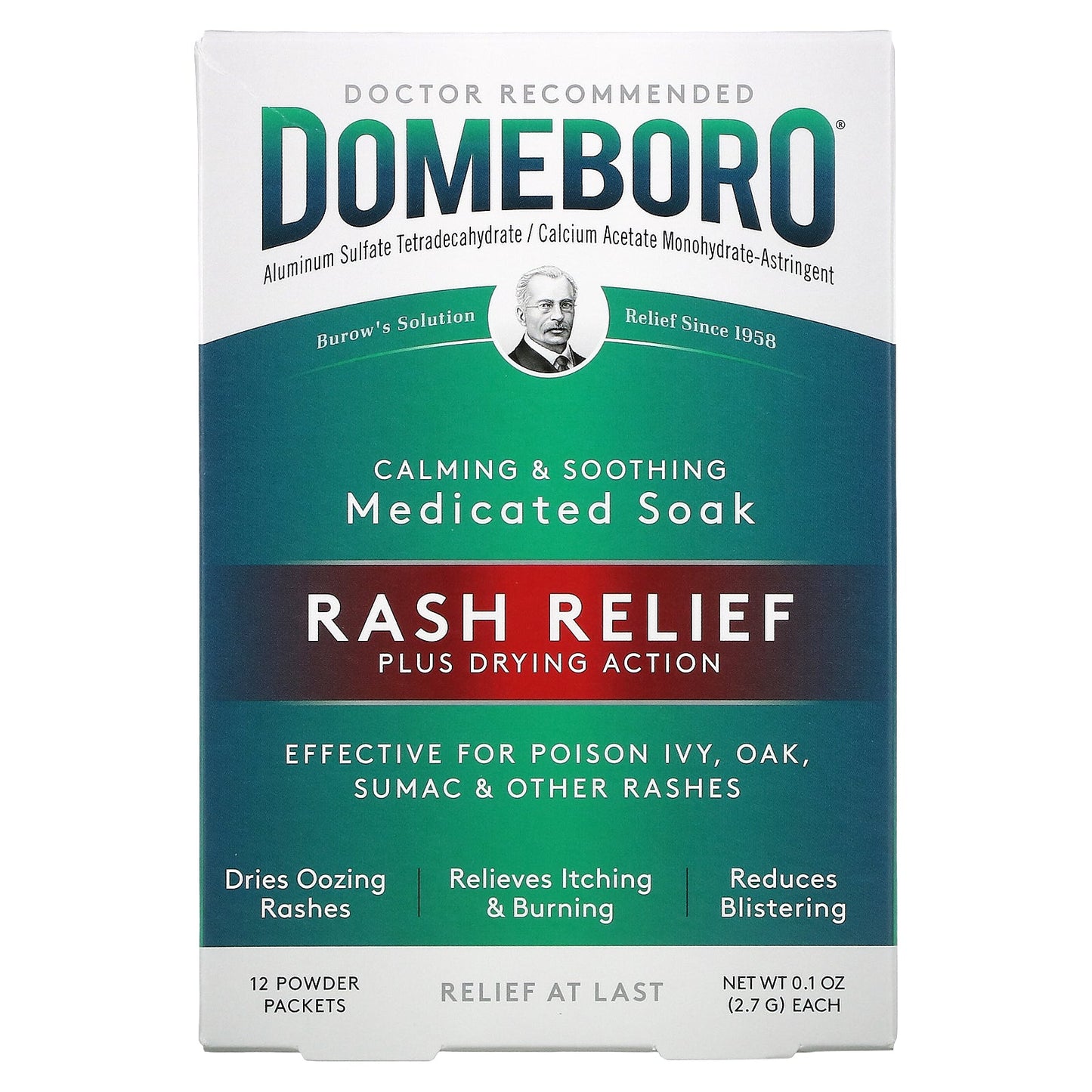 Domeboro Calming & Soothing Medicated Soak Rash Relief Plus Drying Action for Poison Ivy, Oak & Other Rashes, 12 Powder Packets (0.1 oz. / 2.7 g) Each