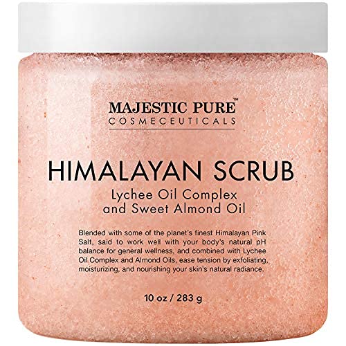Majestic Pure 100% Pure & Natural Himalayan Salt Scrub with Lychee Fruit Essential Oil & Sweet Almond Oil, 10 oz. / 283g
