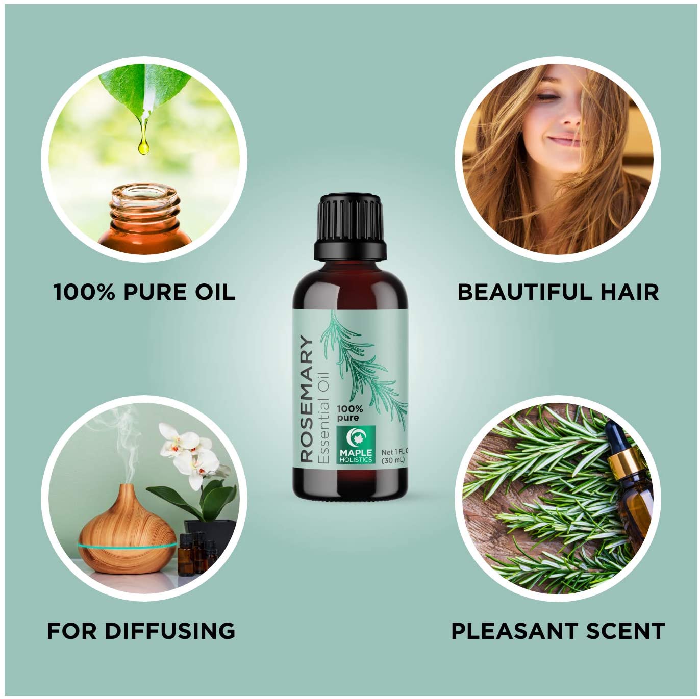 Maple Holistics Rosemary Essential Oils, 100% Pure Rosemary Oil for Hair, Skin, Nails & Humidifier, 1 fl.oz / 30 ml