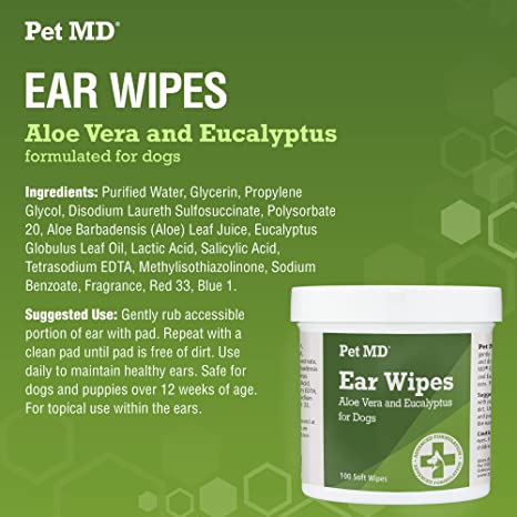 Pet MD Ear Wipes for Dogs Aloe Vera and Eucalyptus Advanced Veterinary Formula 100 Soft Wipes