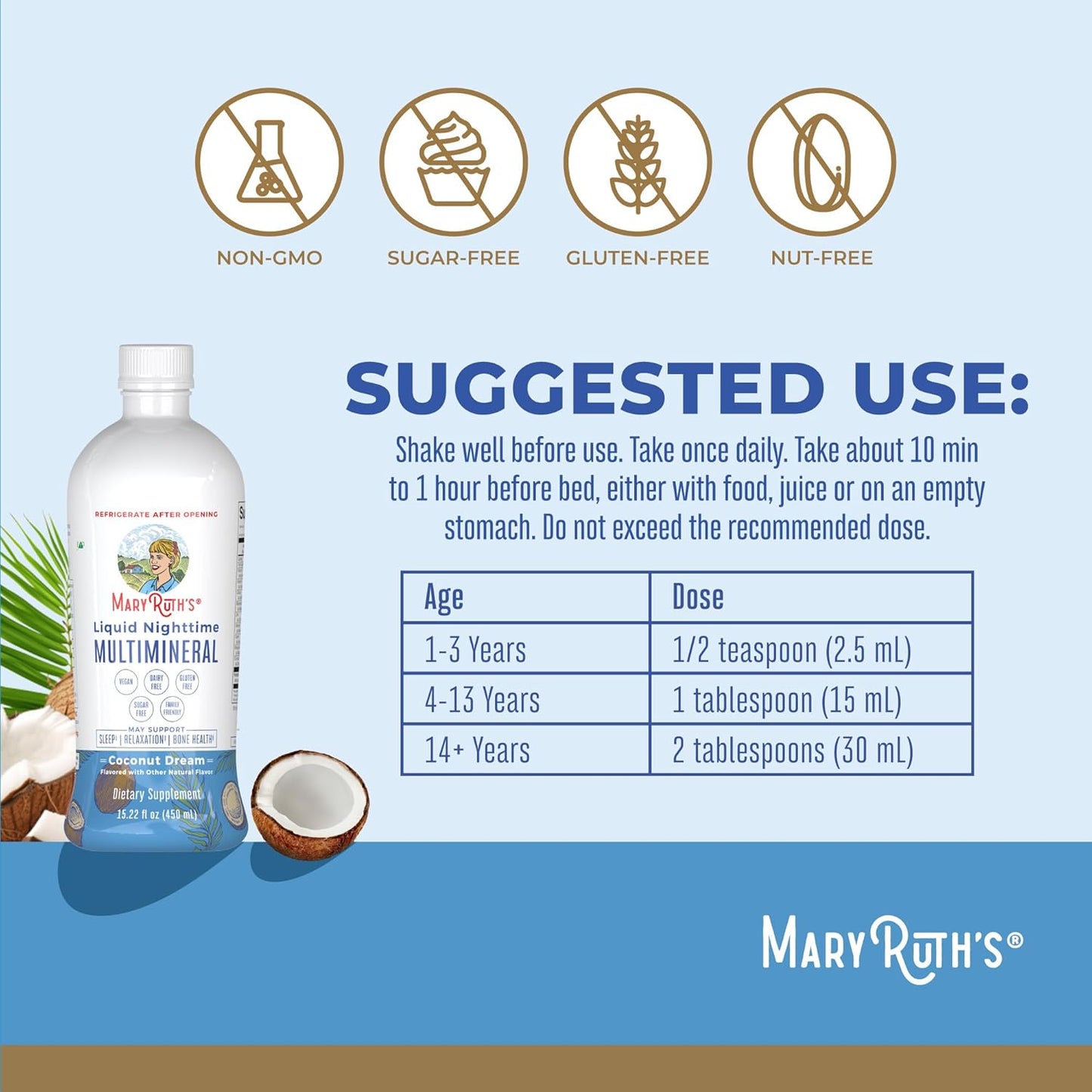 Mary Ruth's Liquid Nighttime Multimineral Dietary Supplement Coconut Dream, 450 ml / 15.22 fl oz