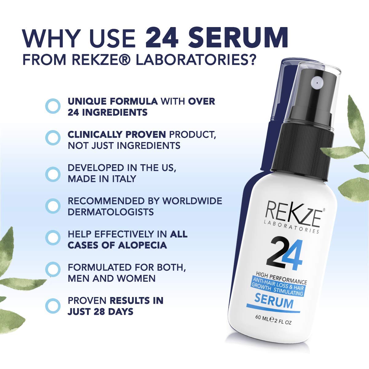 REKZE Laboratories 24 Anti-Hair Loss, Hair Thickening & Growth Stimulating Serum, 2 fl.oz / 60ml