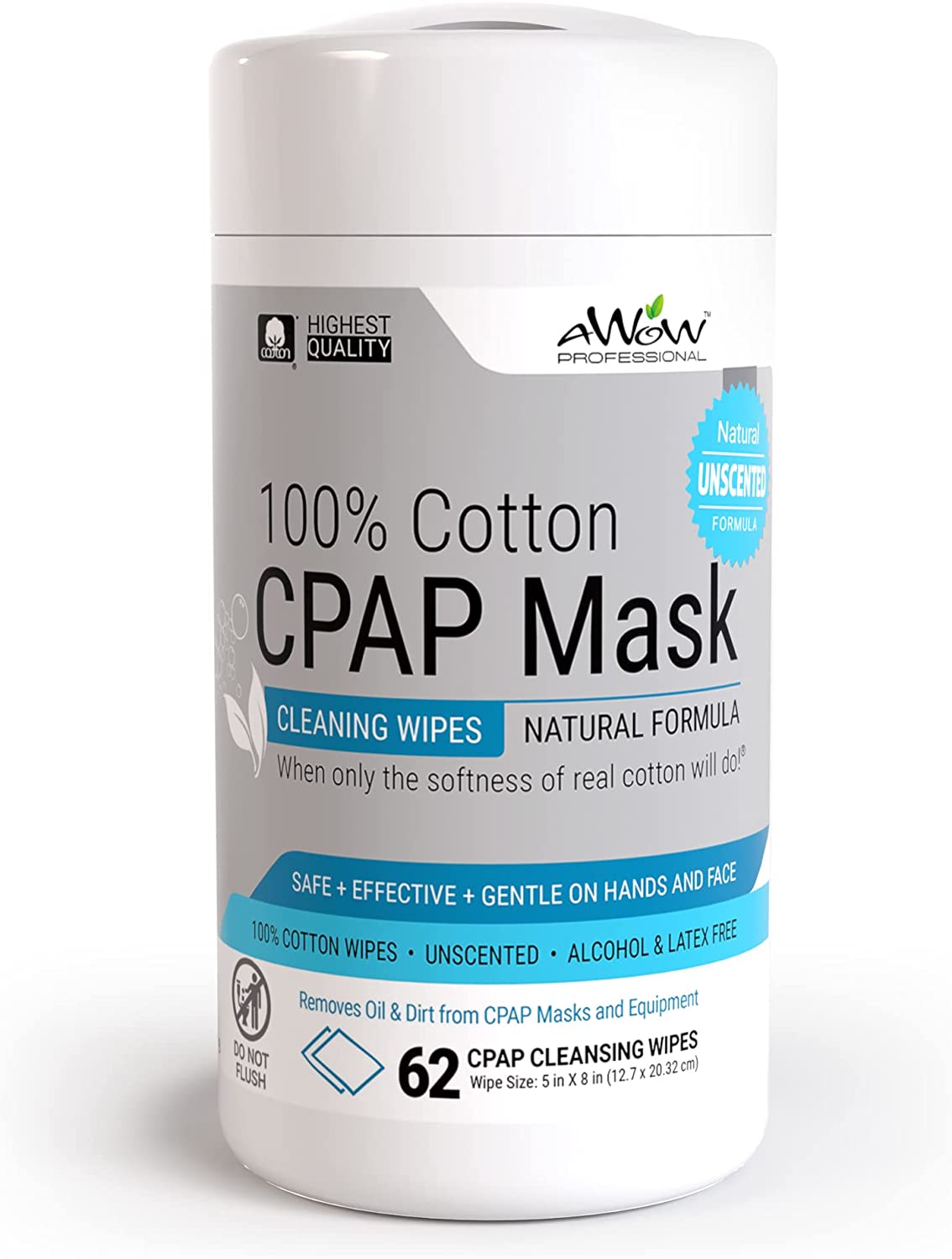 AWow Professional 100% Cotton Cpap Mask Unscented Cleaning Wipes 62Count