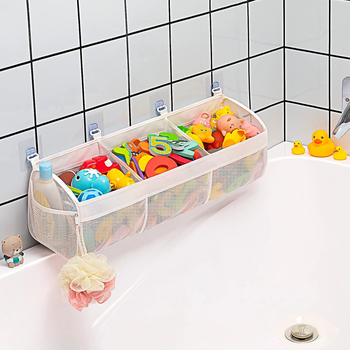 Original 3 Compartment Horizontal Large Openings Mesh Bath Toy Storage and Holder