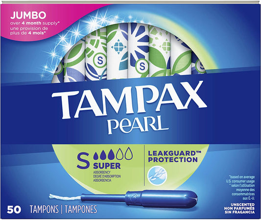 Tampax Pearl Tampons Super Absorbency with LeakGuard Braid, Unscented, 50 Count