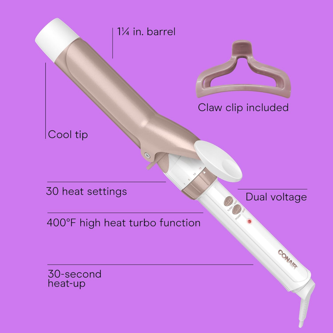 ConAir Double Ceramic 1¼ In. Curling Iron and Claw Clip, White / Rose Gold