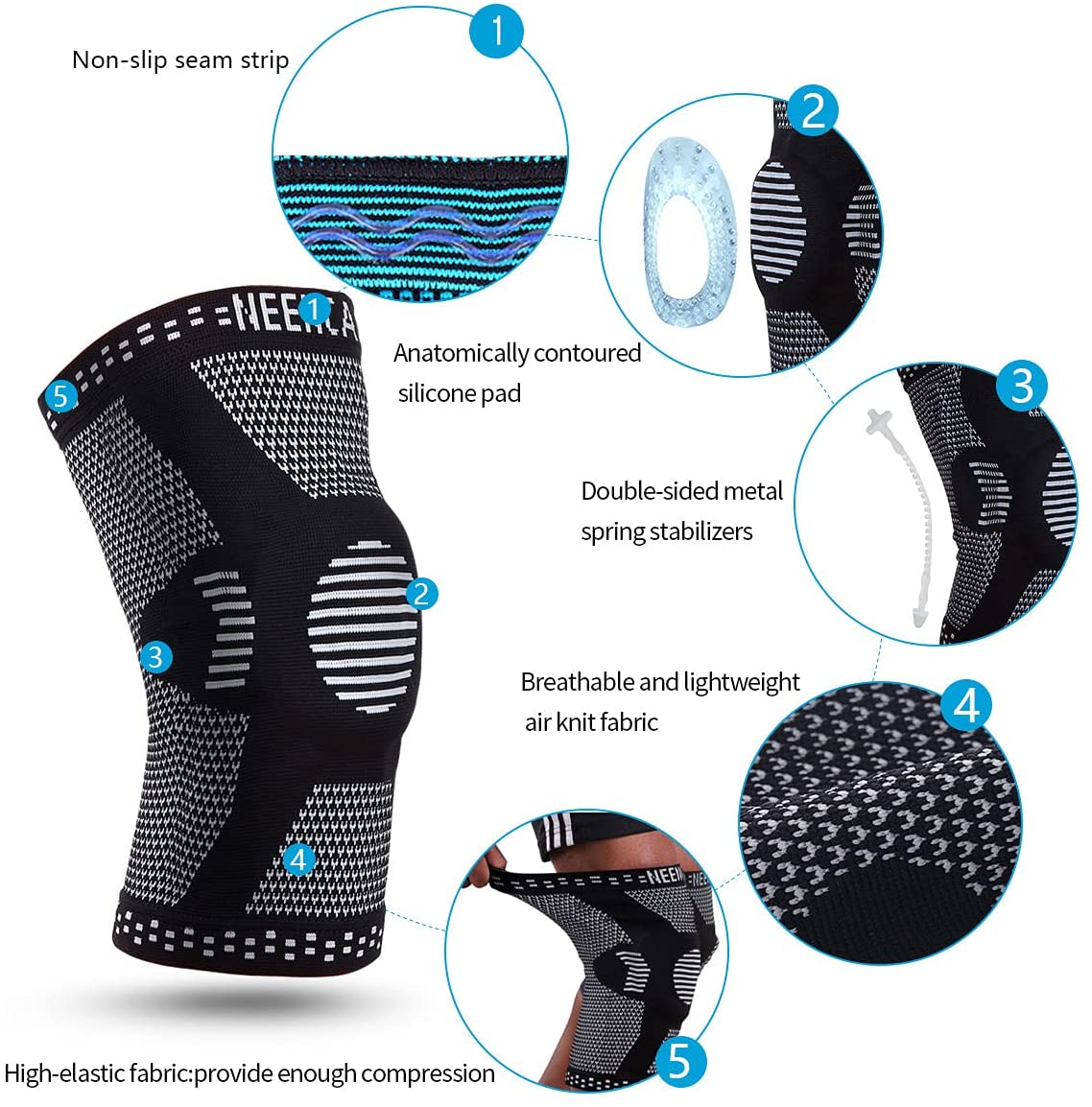 NEENCA Professional Knee Brace with Patella Gel Pads & Side Stabilizers for Running, Arthritis, Joint Relief, Large Black