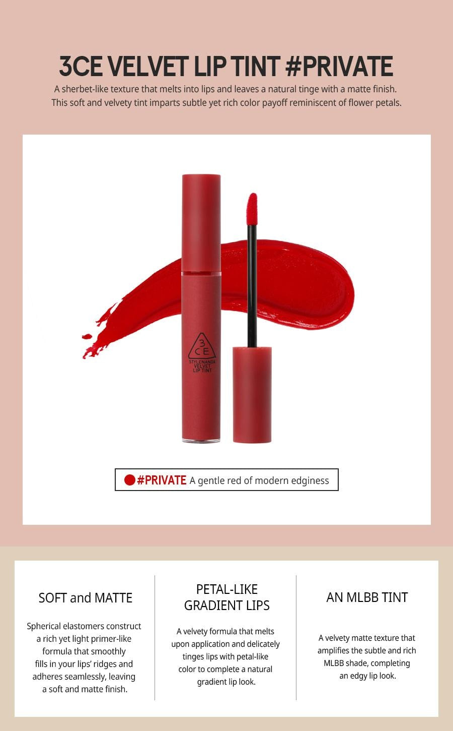 AUTHENTIC 3CE Stylenanda Velvet Lip Tint (#Private)