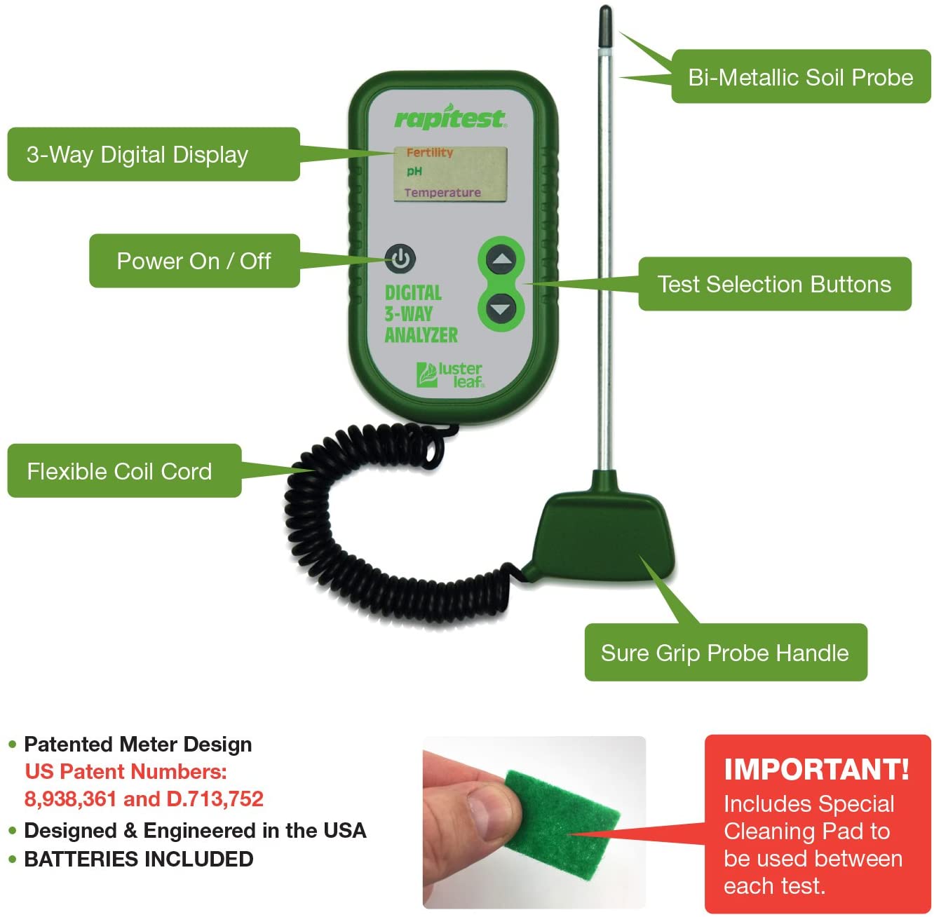 Luster Leaf 1835 Rapitest Dig 3W Analysis, 3-Way Digital Soil Analyzer