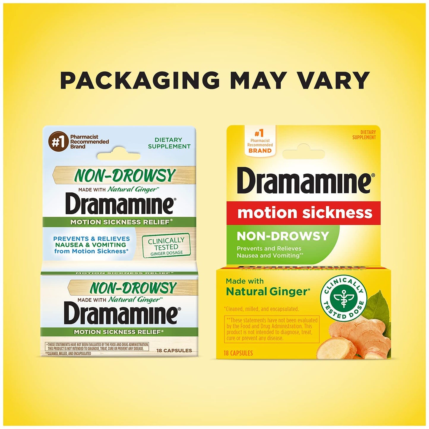 Dramamine Motion Sickness Non-Drowsy Made with Natural Ginger, 18 Capsules