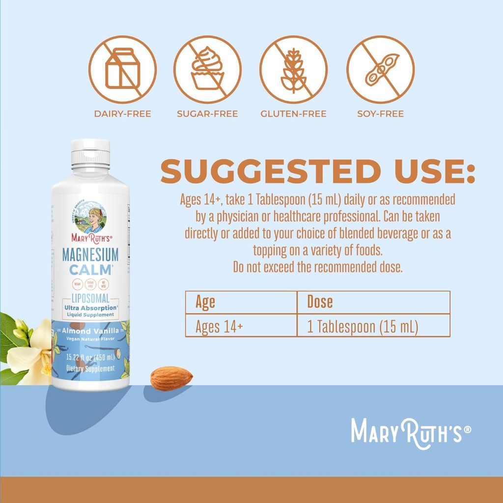 Mary Ruth's Vegan Magnesium Calm Liposomal Liquid Supplement Almond Vanilla, 450 ml / 15.22