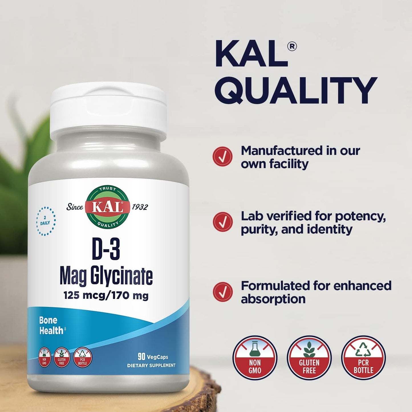 KAL D-3 Mag Glycinate 125mcg Bone Health Supplement 90 Vegcaps
