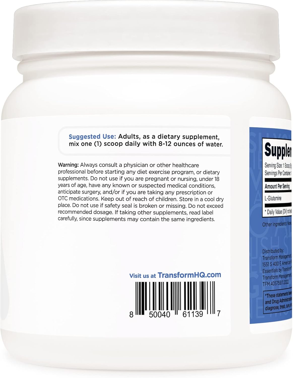 Transform HQ L-Glutamine Pure Powder 5000mg Unflavored Supplement 17.6oz / 500g