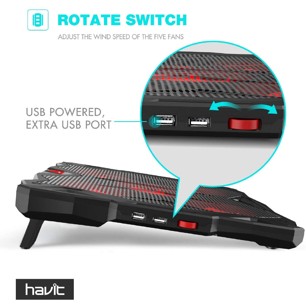 HAVIT 5 Fans Laptop Cooling Pad 14-17 Inch w LED Light, Two USB 2.0 Ports, Adjustable Stand (Black)