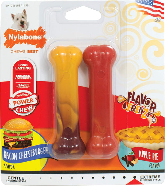 Nylabone Bone Chew Toy for Dogs, Bacon Cheeseburger & Apple Pie Flavor, Up To 25 Lbs ( Napoo2vpp )- 2 Pack