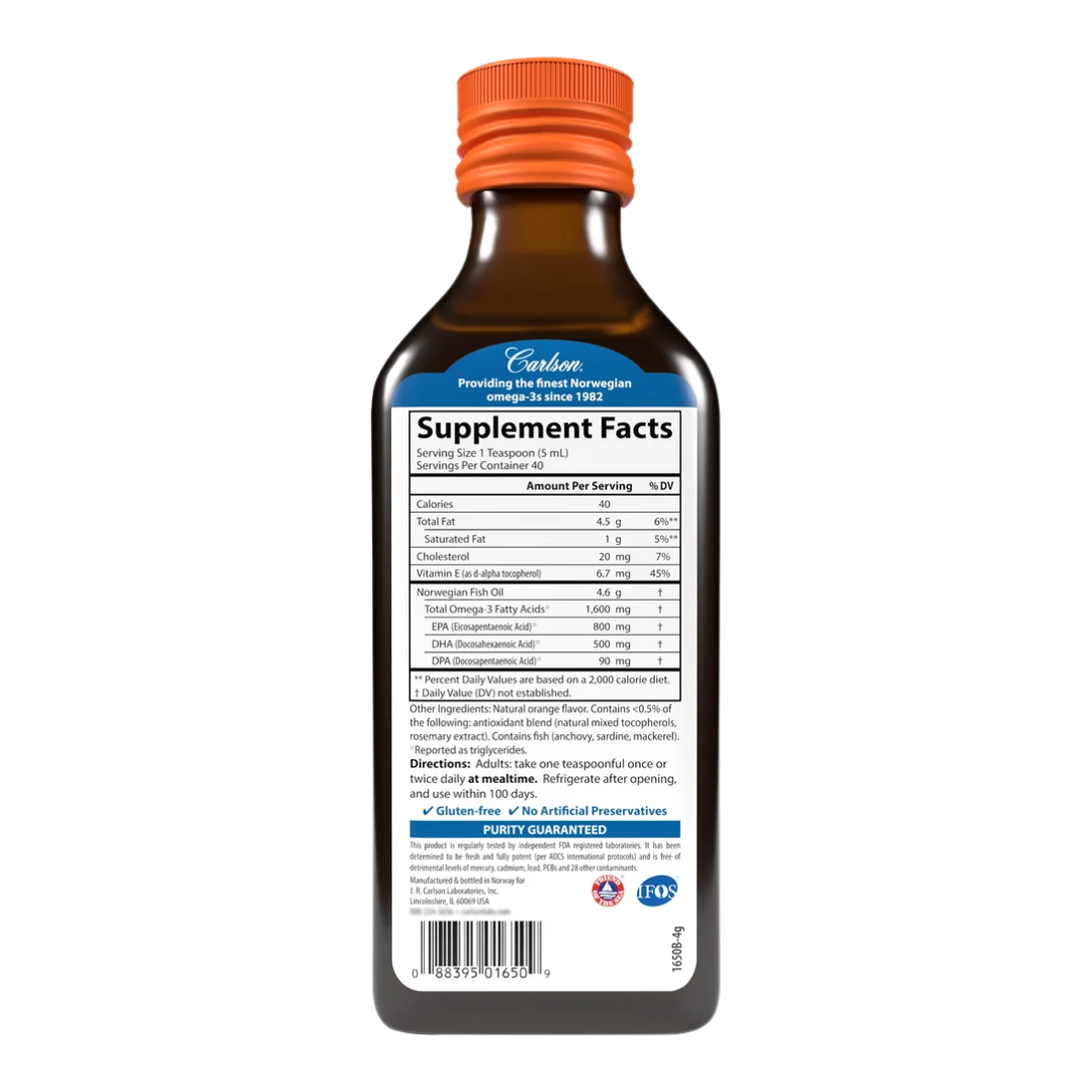 Carlson Norwegian The Very Finest Fish Oil 1,600 mg Omega-3s Orange Flavor, 6.7 oz / 200 ml