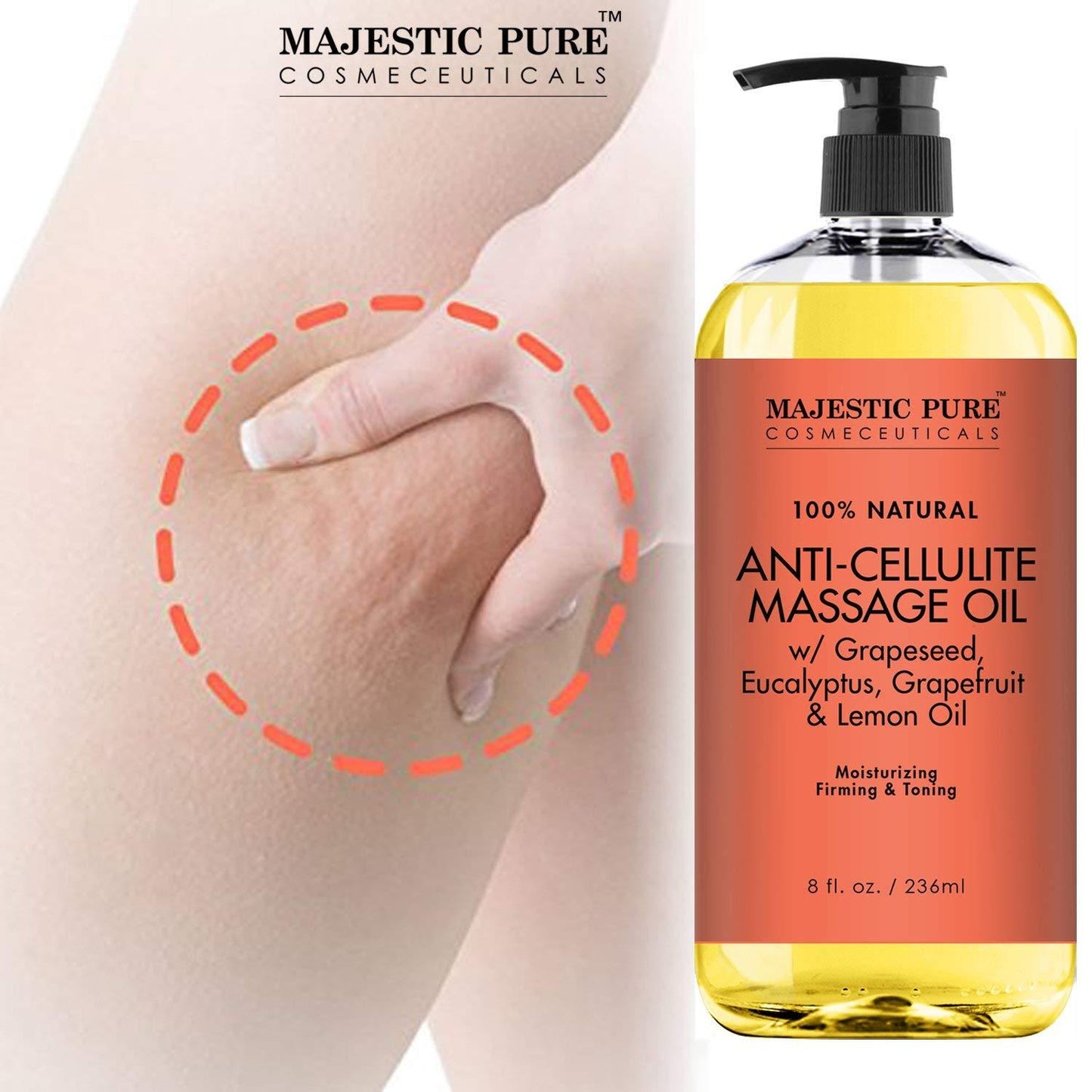 Majestic Pure 100% Anti-Cellulite Massage Oil with Grapeseed Oil, Eucalyptus, Grapefruit & Lemon Oil, 8 fl.oz / 236ml