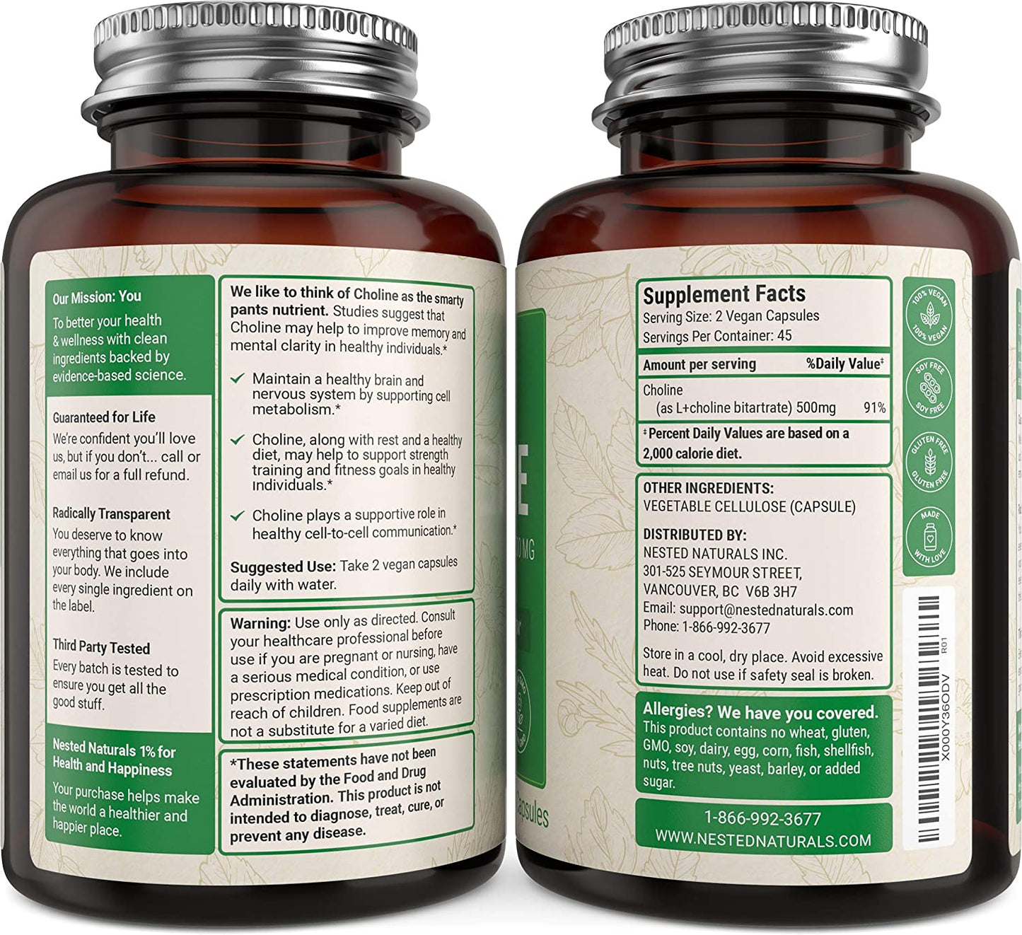 Nested Naturals Choline Bitartrate 500mg, 90 Capsules, Promotes Brain Health, Mental Focus & Memory