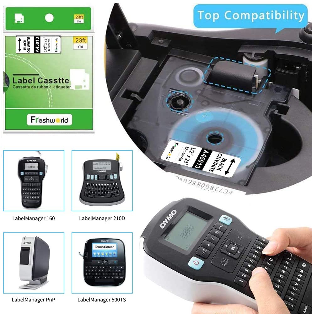 Freshworld Tape Replacement for Dymo D1 Label 45013 S0720530 Refill, Black on White,1/2 Inch x 23 ft