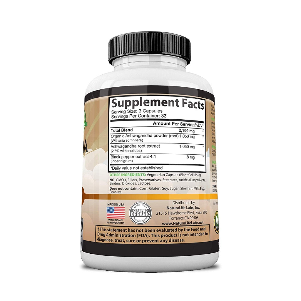 NaturaLife Labs Organic Ashwagandha 2,100 mg 100 Veggie Capsules