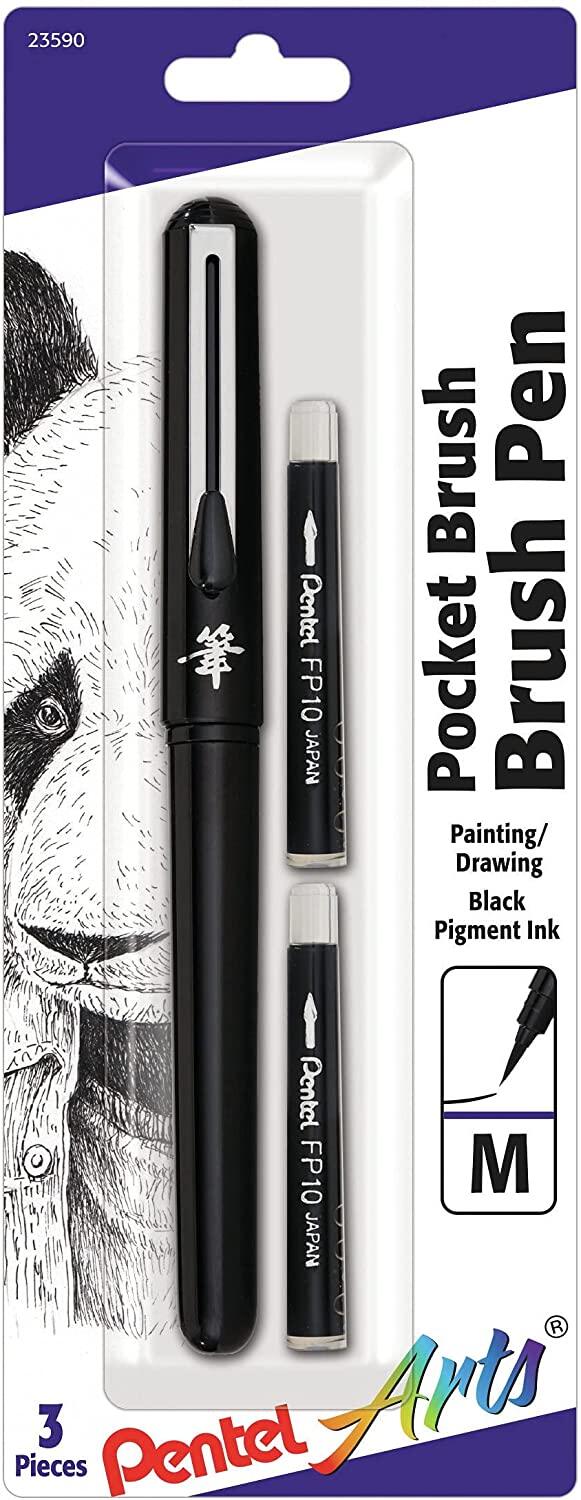 Pentel Arts Pocket Brush Pen with Refills, 1 Pen and 2 Refills, GFKP3BPA (23590)