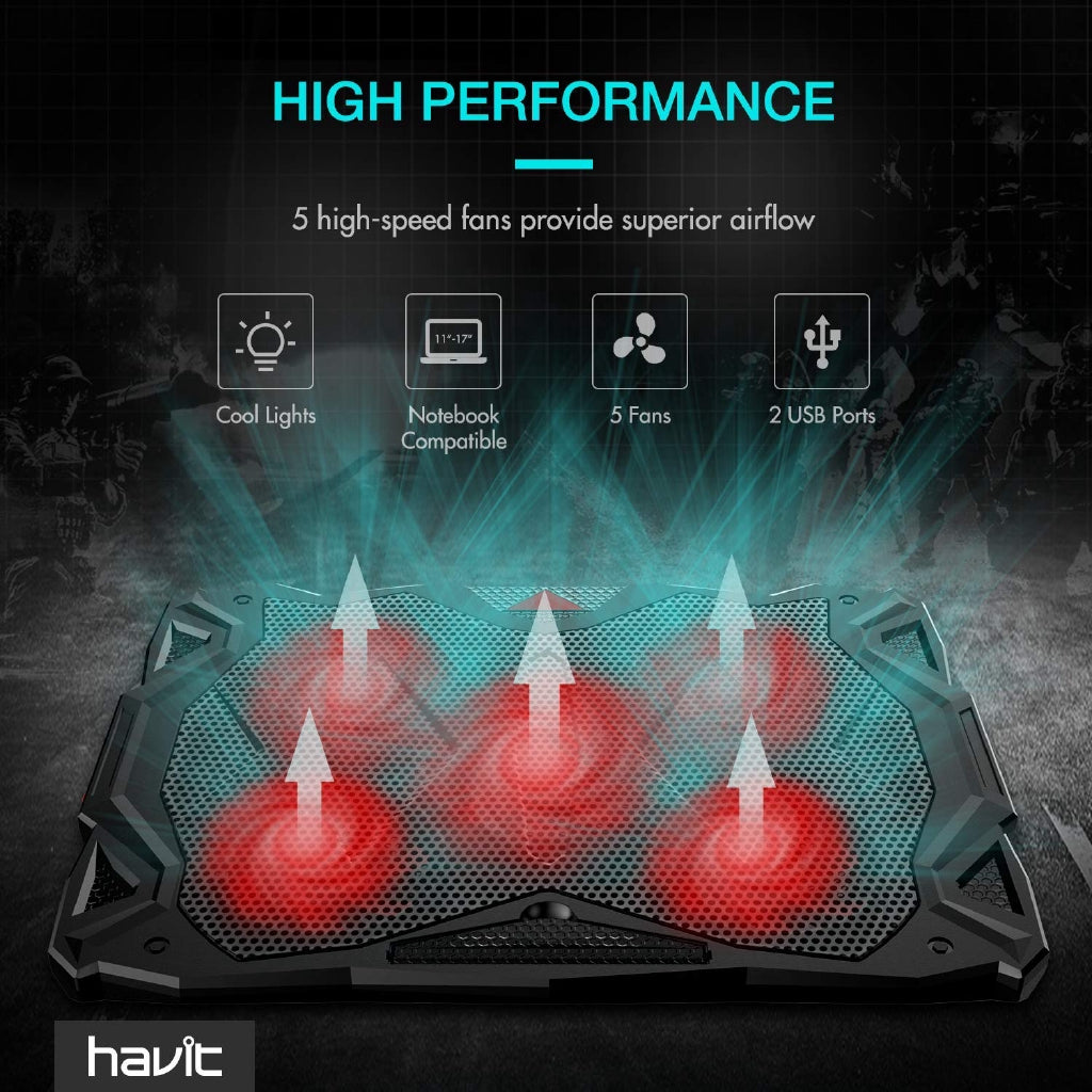 HAVIT 5 Fans Laptop Cooling Pad 14-17 Inch w LED Light, Two USB 2.0 Ports, Adjustable Stand (Black)