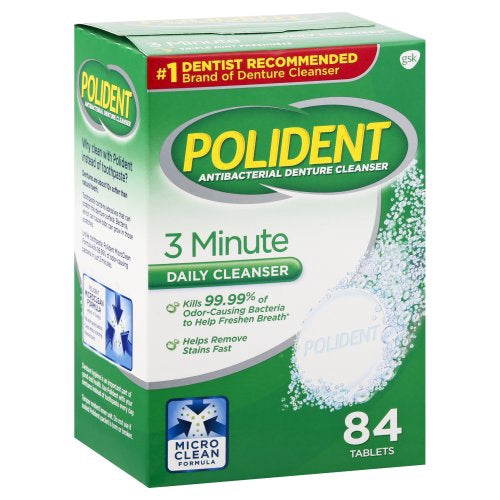 Polident Denture Cleaning Tablets, 3 Minute Triple Mint, Antibacterial, 84 count