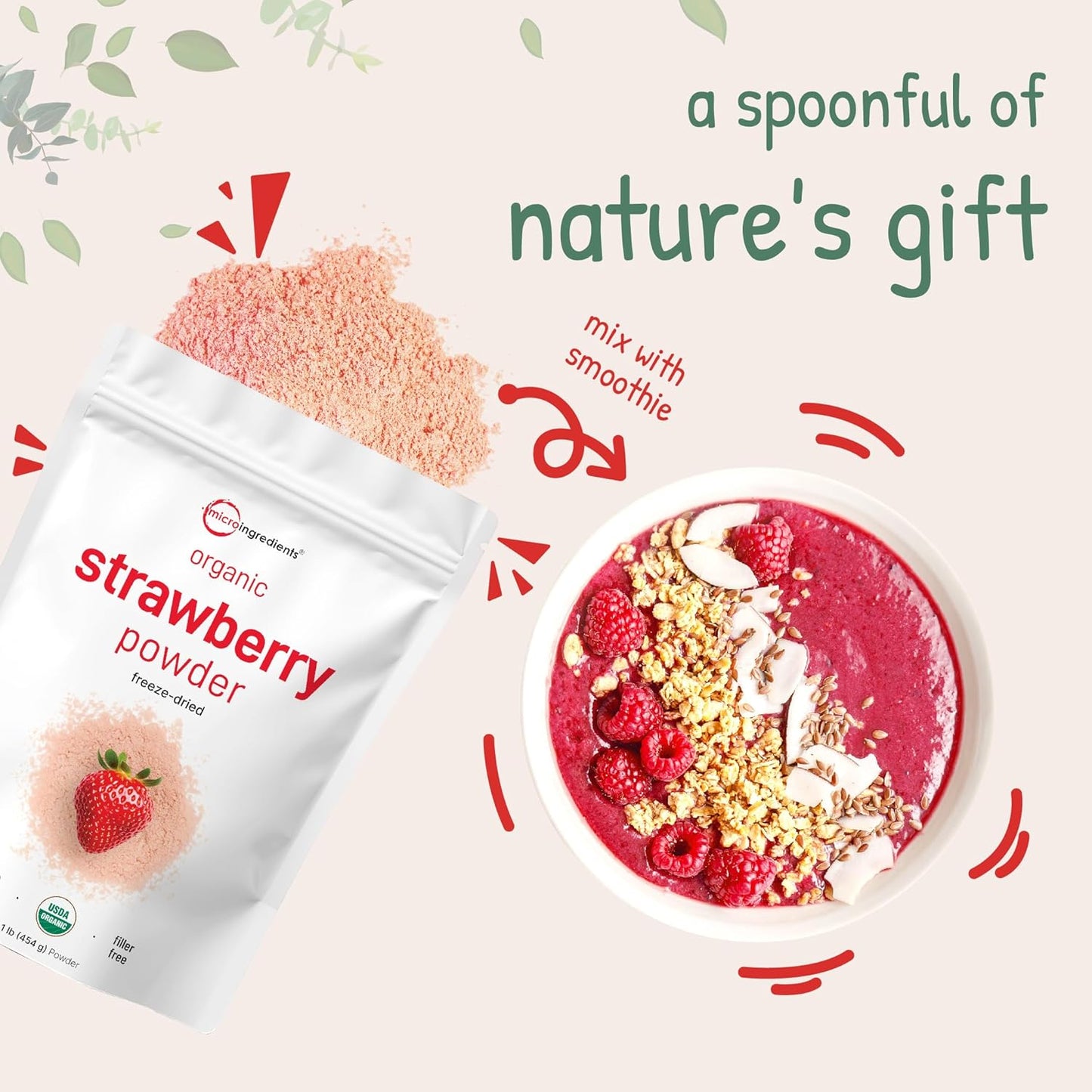 Microingredients Organic Strawberry Powder Freeze Dried 1lb / 454g