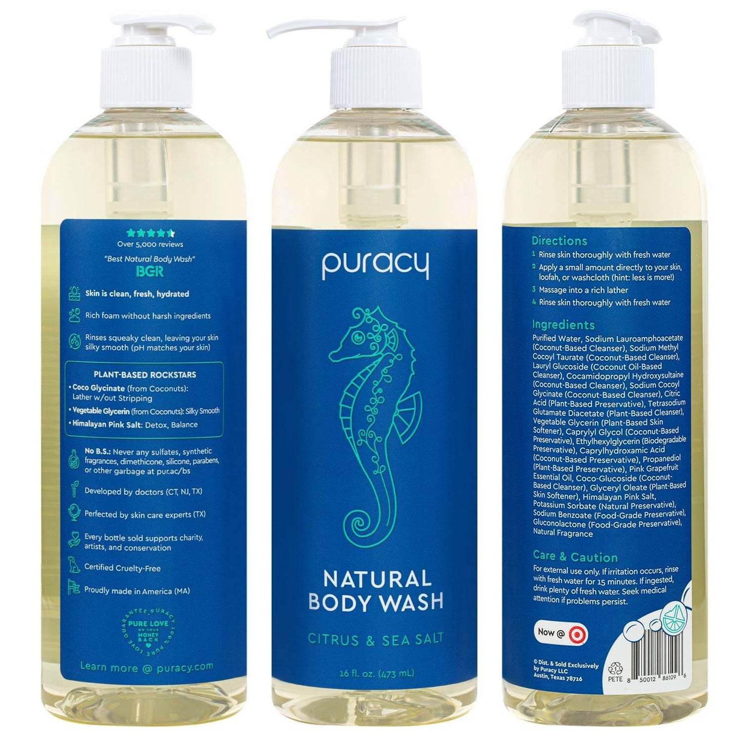 Puracy Body Wash, Citrus & Sea Salt, Natural Bath & Shower Gel for Men and Women, 16 Ounce