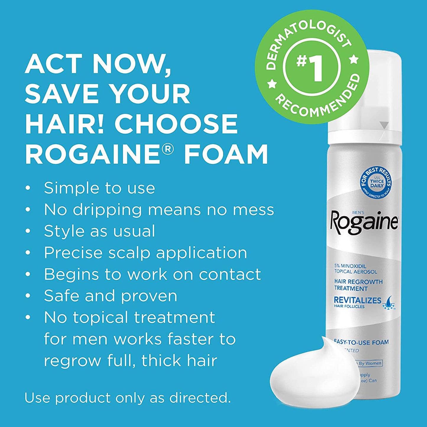 Mens ROGAINE 5% Minoxidil Topical Aerosol, Hair Regrowth Treatment (Unscented Foam) One Month Supply
