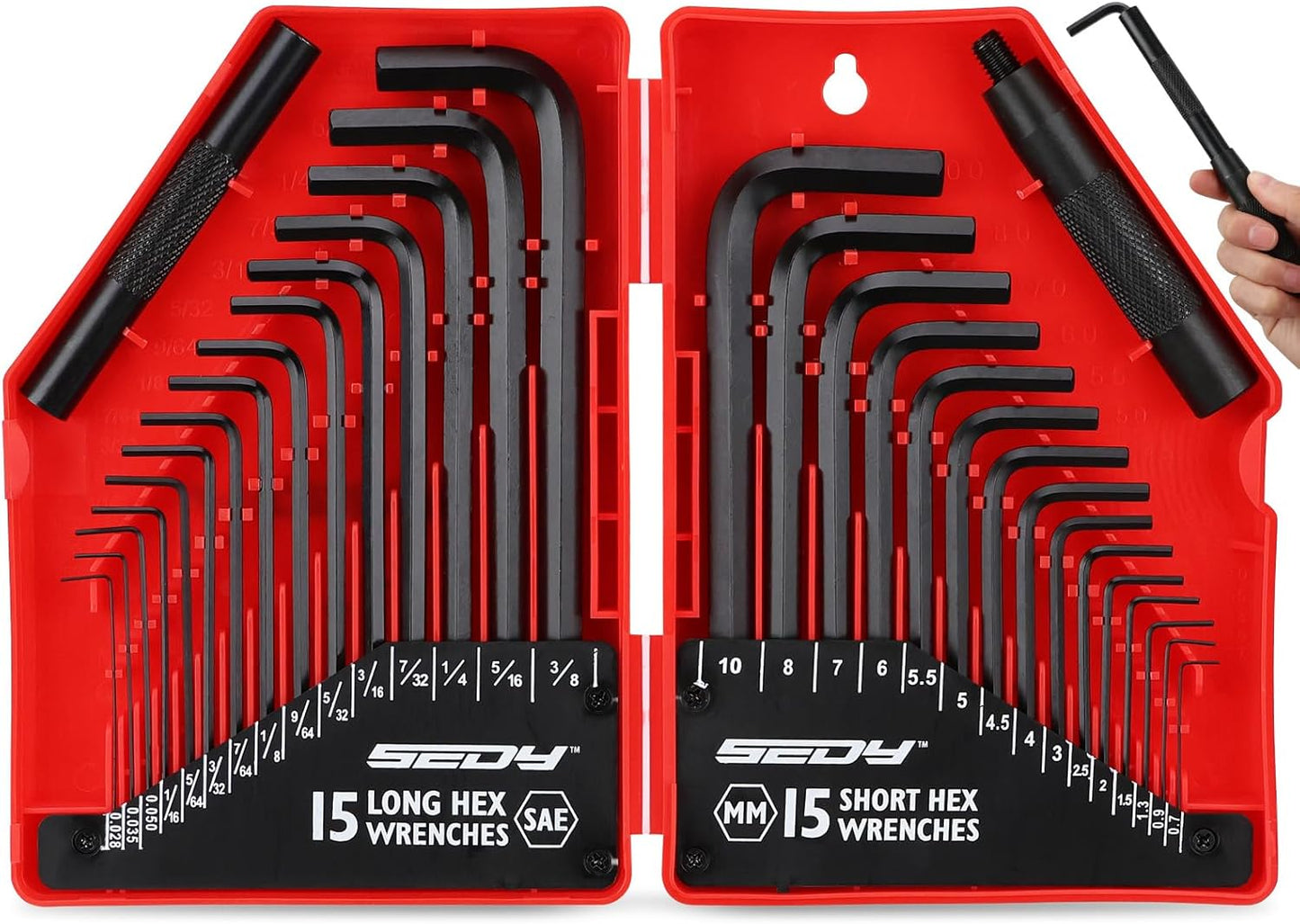 SEDY 32 Pieces Hex Key Wrench Set, Metric And SAE Chrome Vanadium Steel With 2 Piece Of Extension Handle