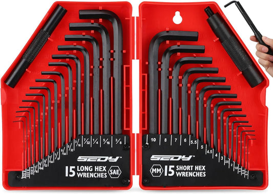 SEDY 32 Pieces Hex Key Wrench Set, Metric And SAE Chrome Vanadium Steel With 2 Piece Of Extension Handle