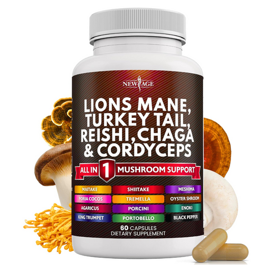 New Age Lions Mane, Turkey Tail, Reishi, Chaga & Cordyceps All in 1 Mushroom Support Supplement 60 Capsules