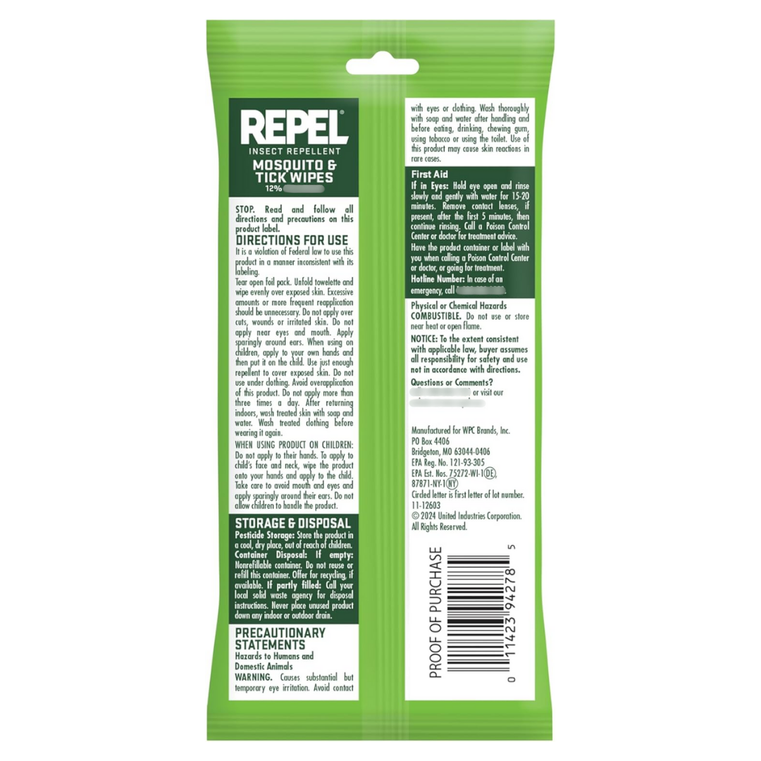Repel Insect Repellent Mosquito & Tick Wipes, 15 Count