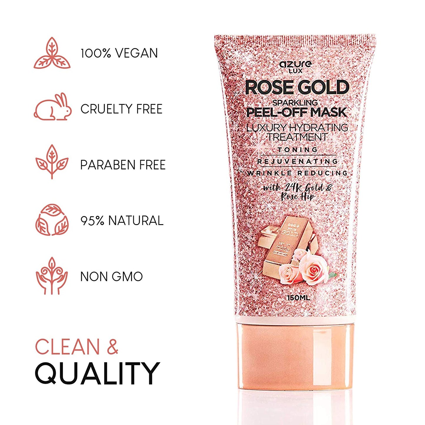 Azure Lux Rose Gold Sparkling Peel-Off Face Mask Luxury Hydrating Treatment with 24K Gold & Rose Hip, 150ml