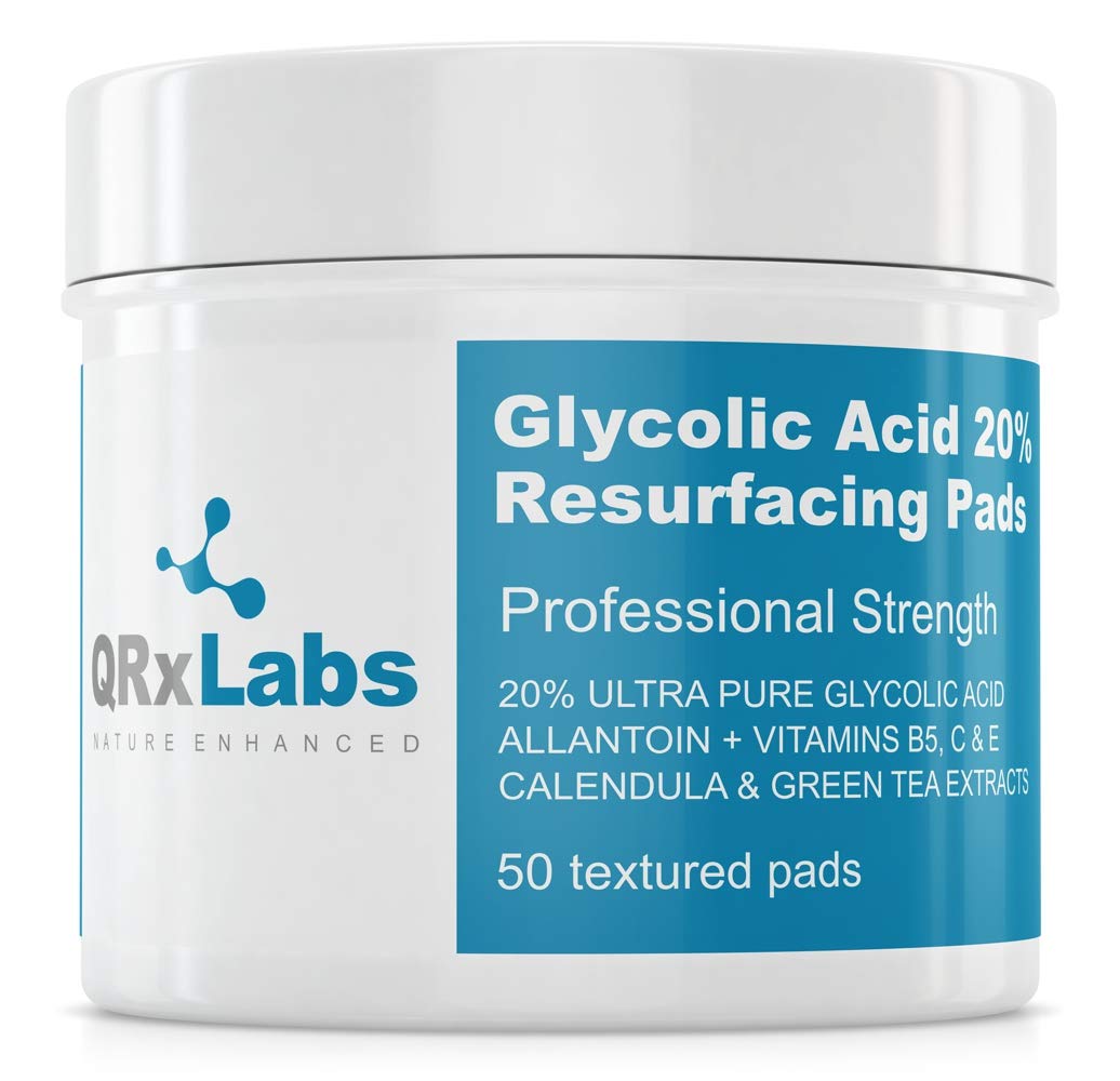QRxLabs Glycolic Acid 20% Resurfacing Pads with Allantoin, Vitamins B5, C & E, Calendula & Green Tea Extract, 50 Textured Pads