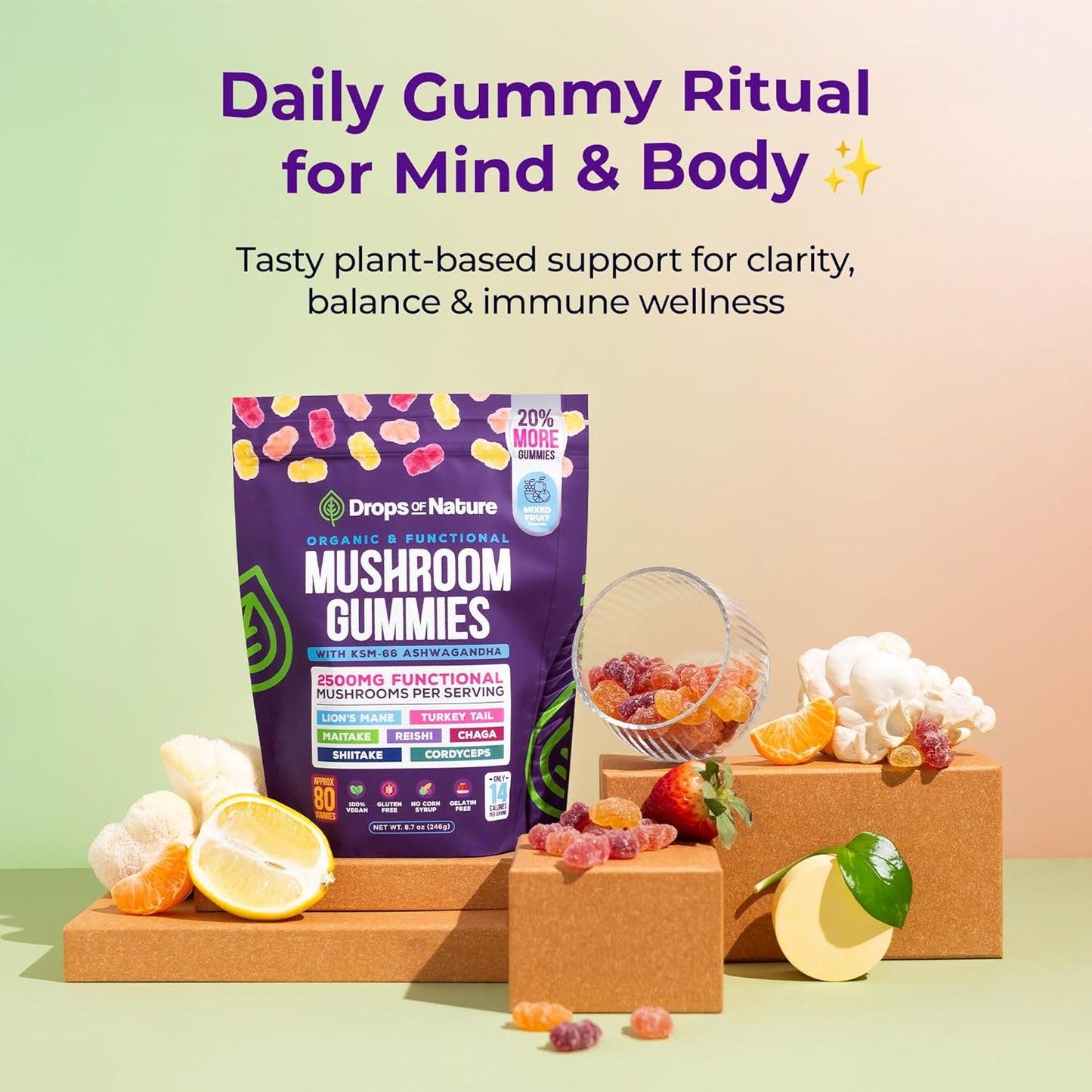 Drops of Nature Organic & Functional Mushroom Gummies with KSM-66 Ashwaganda, 246 g / 8.7 oz