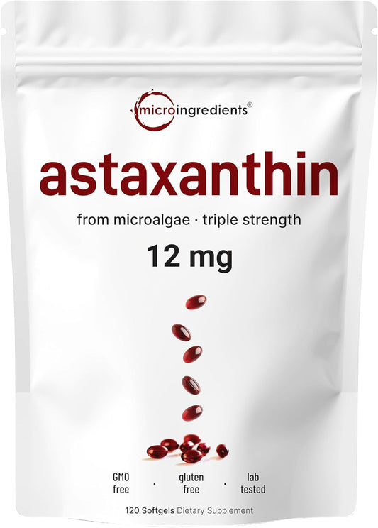 Microingredients Astaxanthin from Microalgae 12mg Dietary Supplement, 120 Softgels