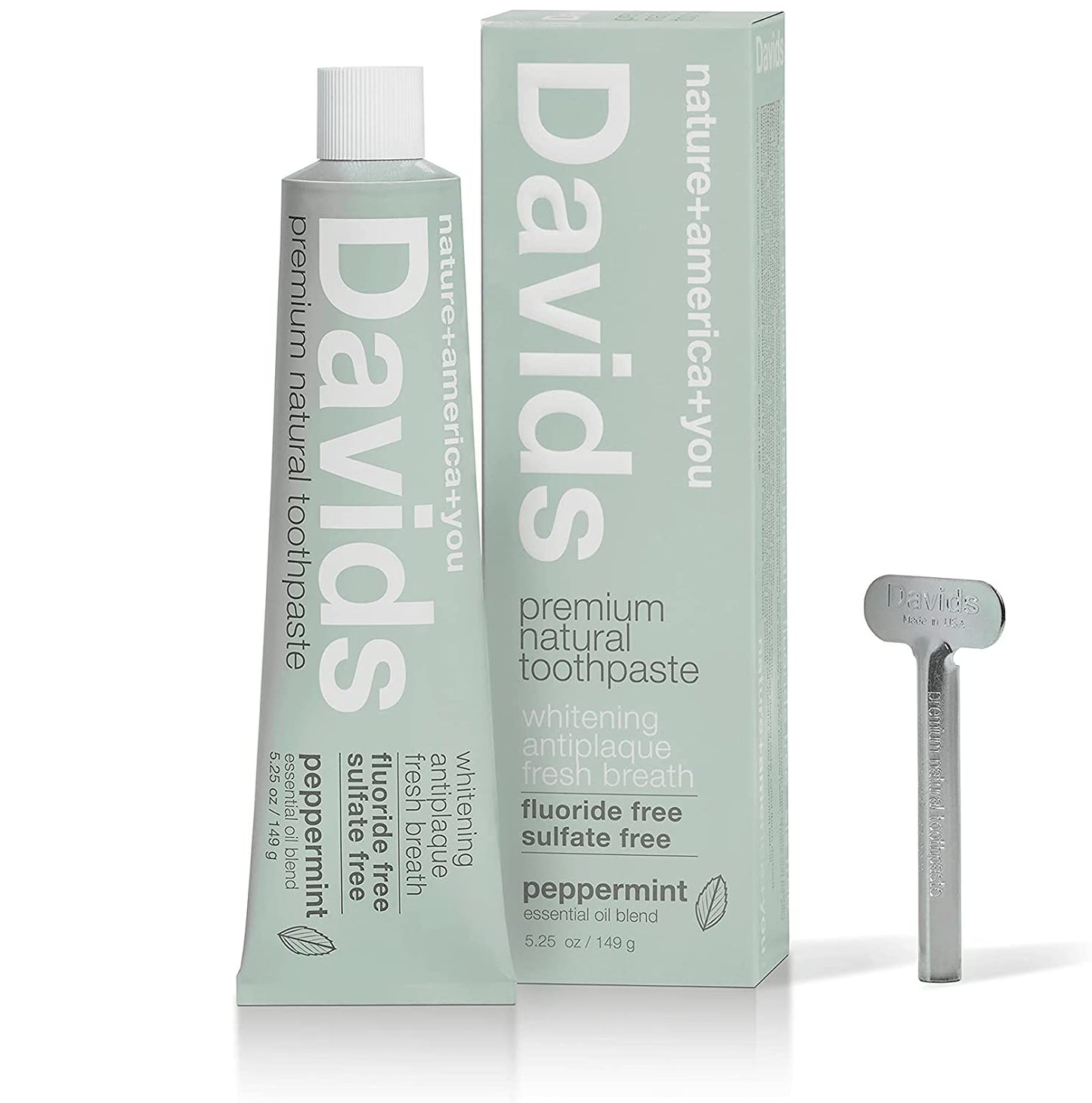 Davids Premium Natural Toothpaste, Whitening, Antiplaque & Fresh Breath, Peppermint Essential Oil Blend, 5.25 oz. / 149g with Metal Tube Roller Included