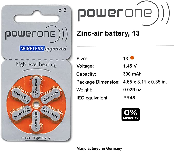 Powerone Size 13 Hearing Aid Batteries Zinc Air P13 Pack of 60