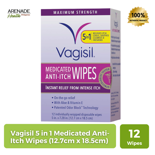 Vagisil 5 in 1 Medicated Anti-Itch Wipes (12.7cm x 18.5cm) 12 Wipes