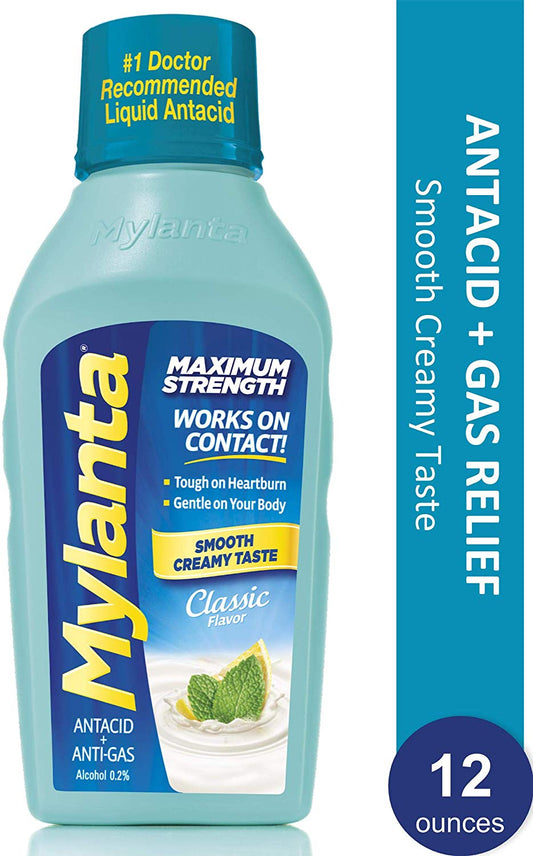 Mylanta Maximum Strength Antacid + Anti - Gas Alcohol 0.2% Smooth Creamy Taste Classic Flavor 12 Oz