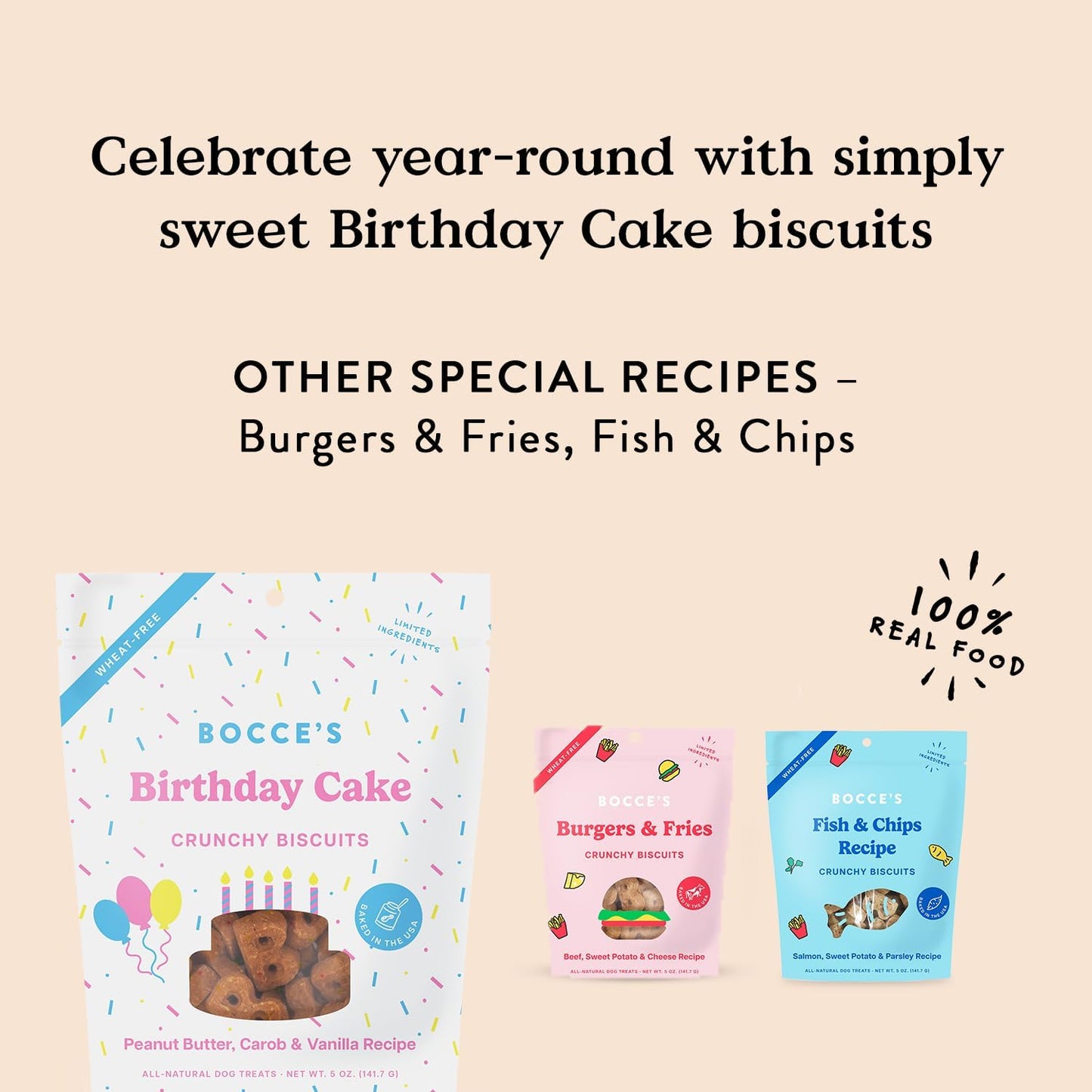 Bocce's Birthday Cake Crunchy Biscuits Peanut Butter, Carob & Vanilla Recipe 5 oz / 141.7g